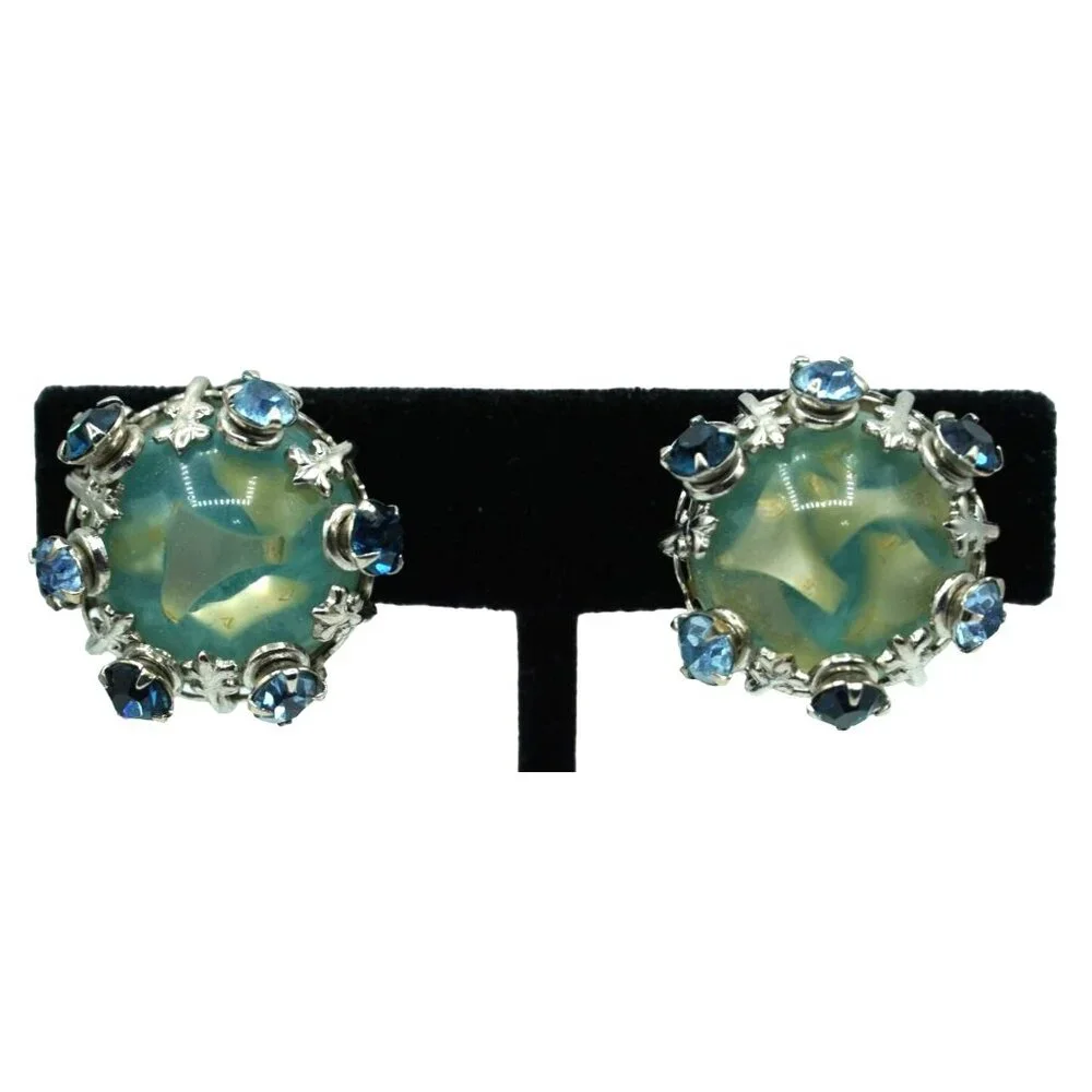 Vintage Rhinestone Set Confetti Lucite Brooch Earrings Blue Green Fleur de Lis C